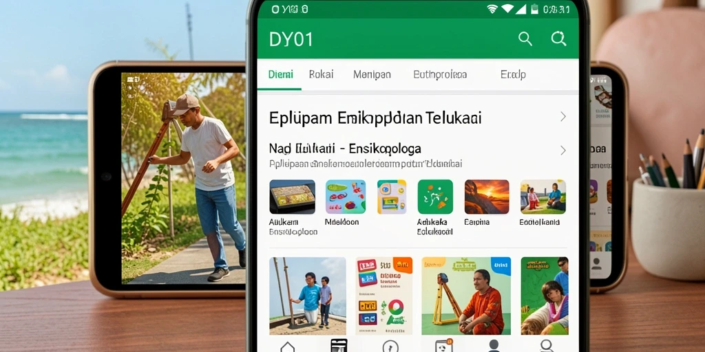 Antarmuka berupa daftar artikel dan kategori dalam aplikasi Ensiklopedia.
