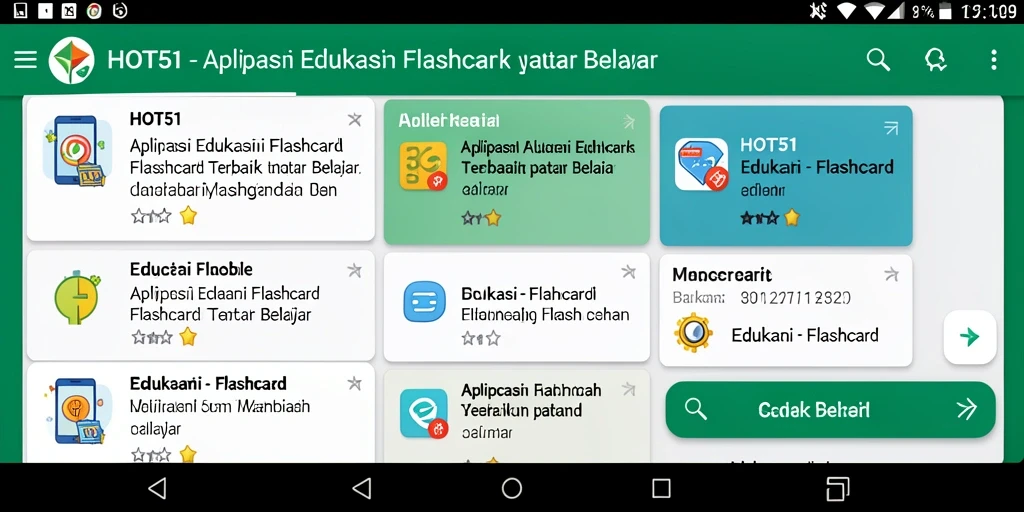 Interface aplikasi HOT51 menampilkan berbagai flashcard edukasi untuk belajar.